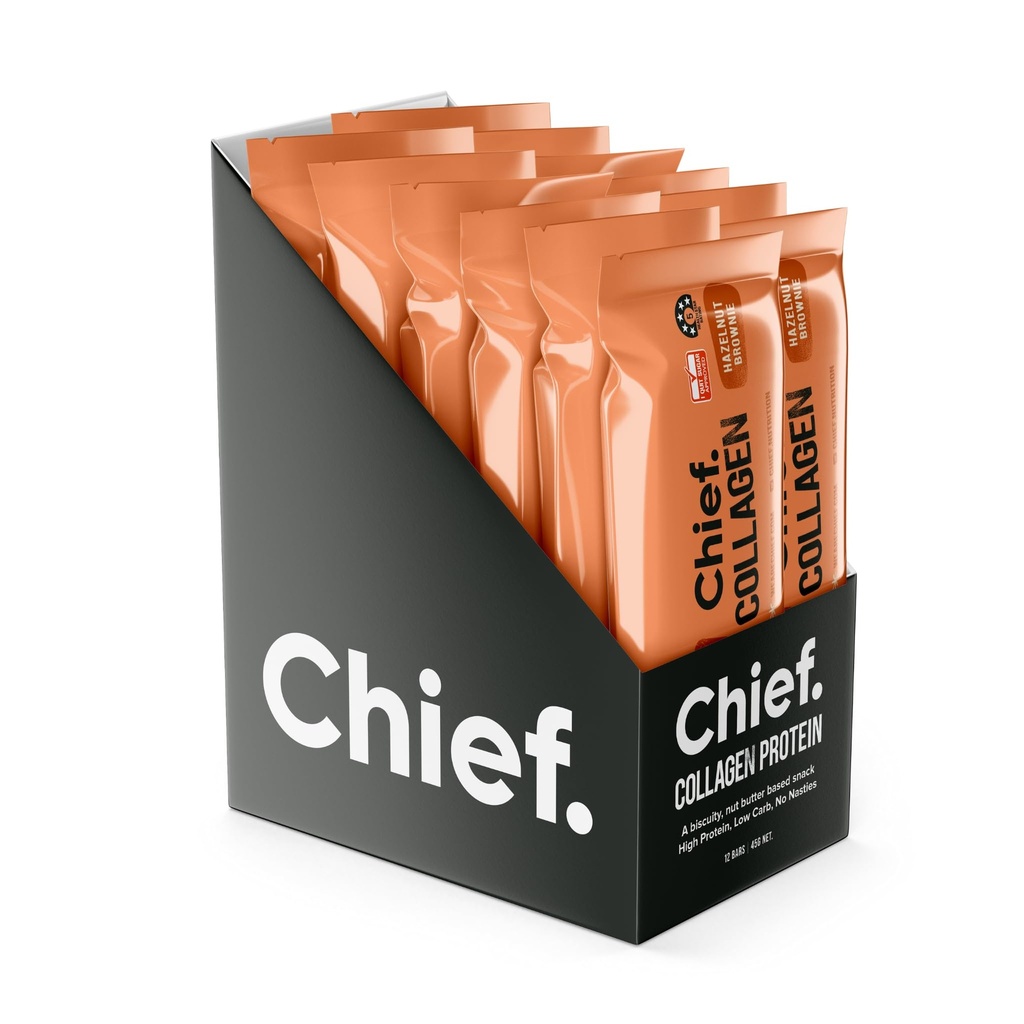 Chief Collagen Protein Bars, 100% Natural Ingredients, Keto & Paleo Friendly Snack, Gluten Free & Low Sugar (Hazelnut Brownie, 12 Bars)