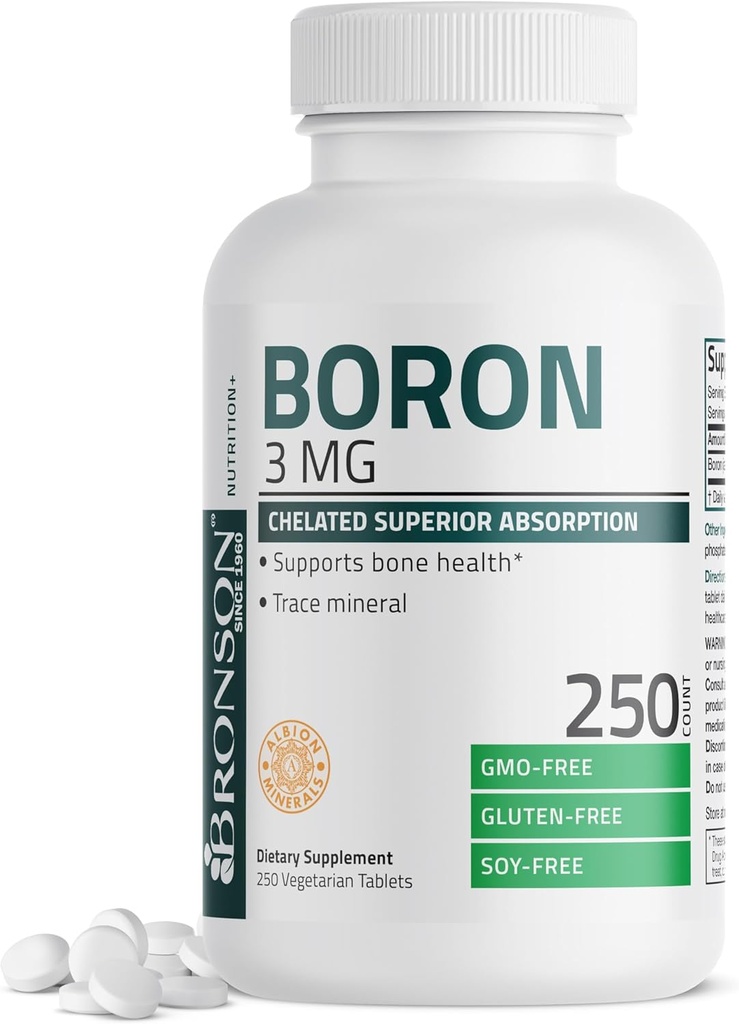 Bronson Boron 3 MG Χημική Ανώτερη Απορρόφηση Υποστηρίζει Οστική Υγεία Trace Mineral, Μη- ΓΤΟ, 250 χορτοφαγικά δισκία