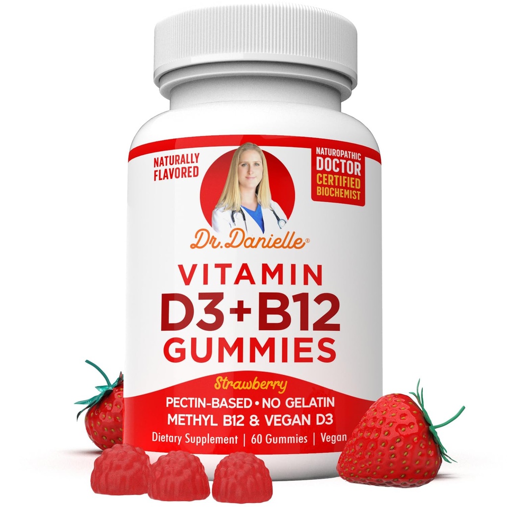 Βιταμίνη D3, B12 Gummies από τον Δρ Danielle, Vegan ημερήσιο συμπλήρωμα για ενήλικες & παιδιά, μη-GMO, βιταμίνη D3 1000 IU & 250 mcg Βιταμίνη B12, 2 μήνες προσφοράς (60 Gummies)
