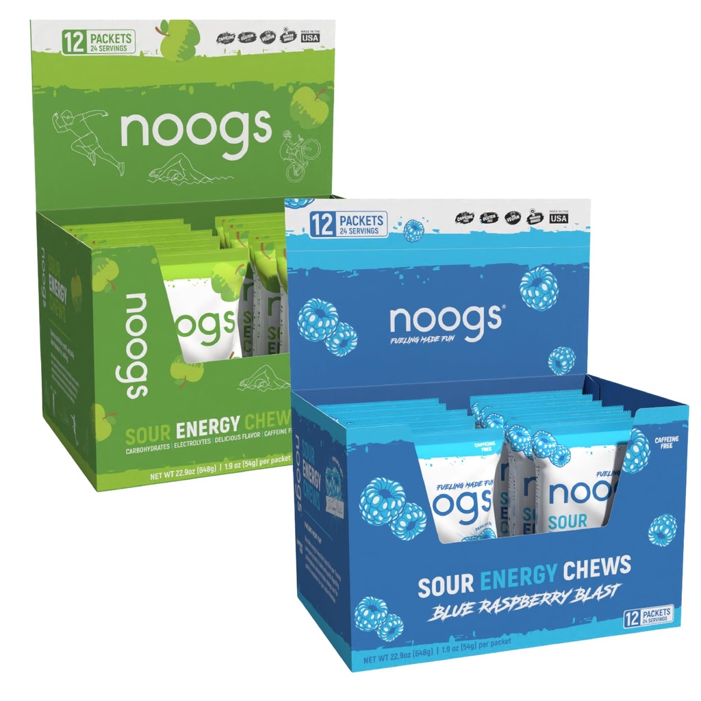 Noogs Wicked Apple + Blue Raspberry Blast Sour Energy Chews Bundle - Electrolyte Energy Gummies | 24 Packs, 288 Gummies