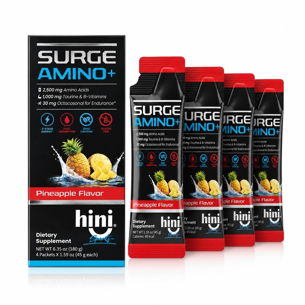 HINI Surge Amino+ Energy Gel, Pineapple Flavor, 4 Packets | 2,500 mg amino acid blend, 1,000 mg taurine, B vitamins and 30 mg octacosanol per packet.