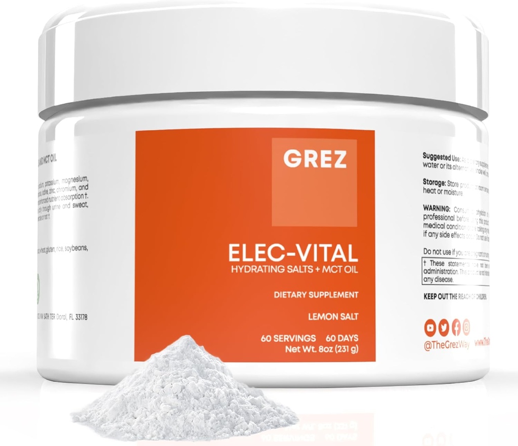 GREZ ELEC-Vital Ηλεκτρολυτές σκόνης Όχι Ζάχαρη - Ενυδατική σκόνη, Keto Ηλεκτρολυτές Δεν Ζάχαρη - Πλήρης Ορυκτή Υποστήριξη, Νάτριο, Κάλιο, Μαγνήσιο, Ψευδάργυρος - 60 Σερβιέτες