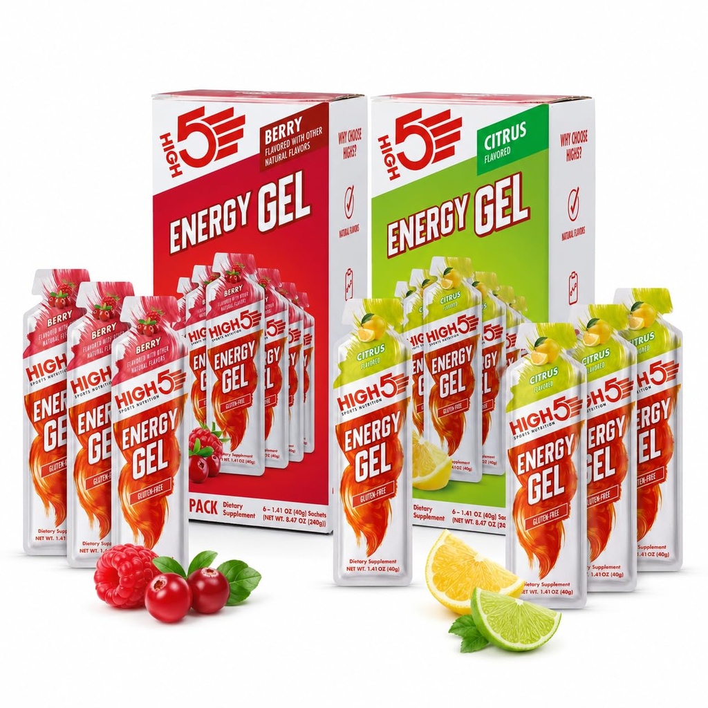 HIGH5 Energy Gel Variety Bundle | Citrus & Berry Flavors | 6 Pack Each (12 Total Energy Gels) | Gluten-Free Sports Nutrition for Running, Cycling & Endurance
