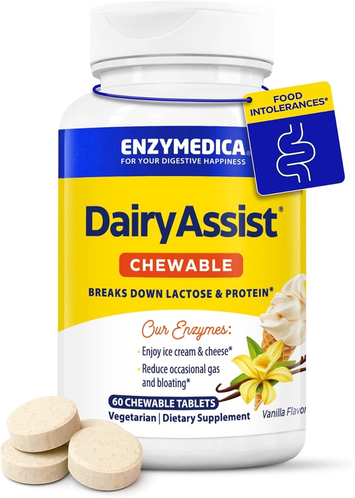 Enzymedica DairyAssist Chewable, 2-in-1 Digestive Enzymes for Dairy, Lactose and Casein Digestion, Fast- Acting Formula for Gas and Bloating Relief, 60 Μασώμενα δισκία