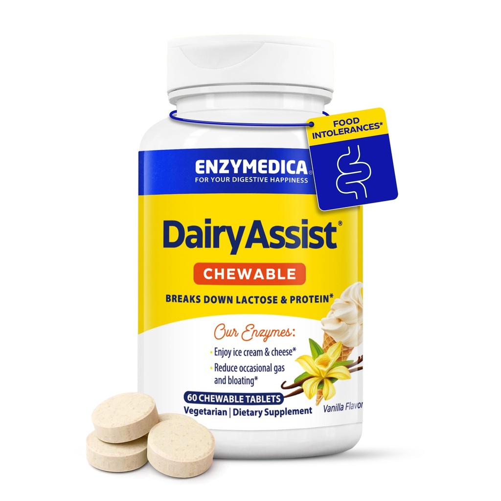 Enzymedica DairyAssist Chewable, 2-in-1 Digestive Enzymes for Dairy, Lactose and Casein Digestion, Fast- Acting Formula for Gas and Bloating Relief, 60 Μασώμενα δισκία