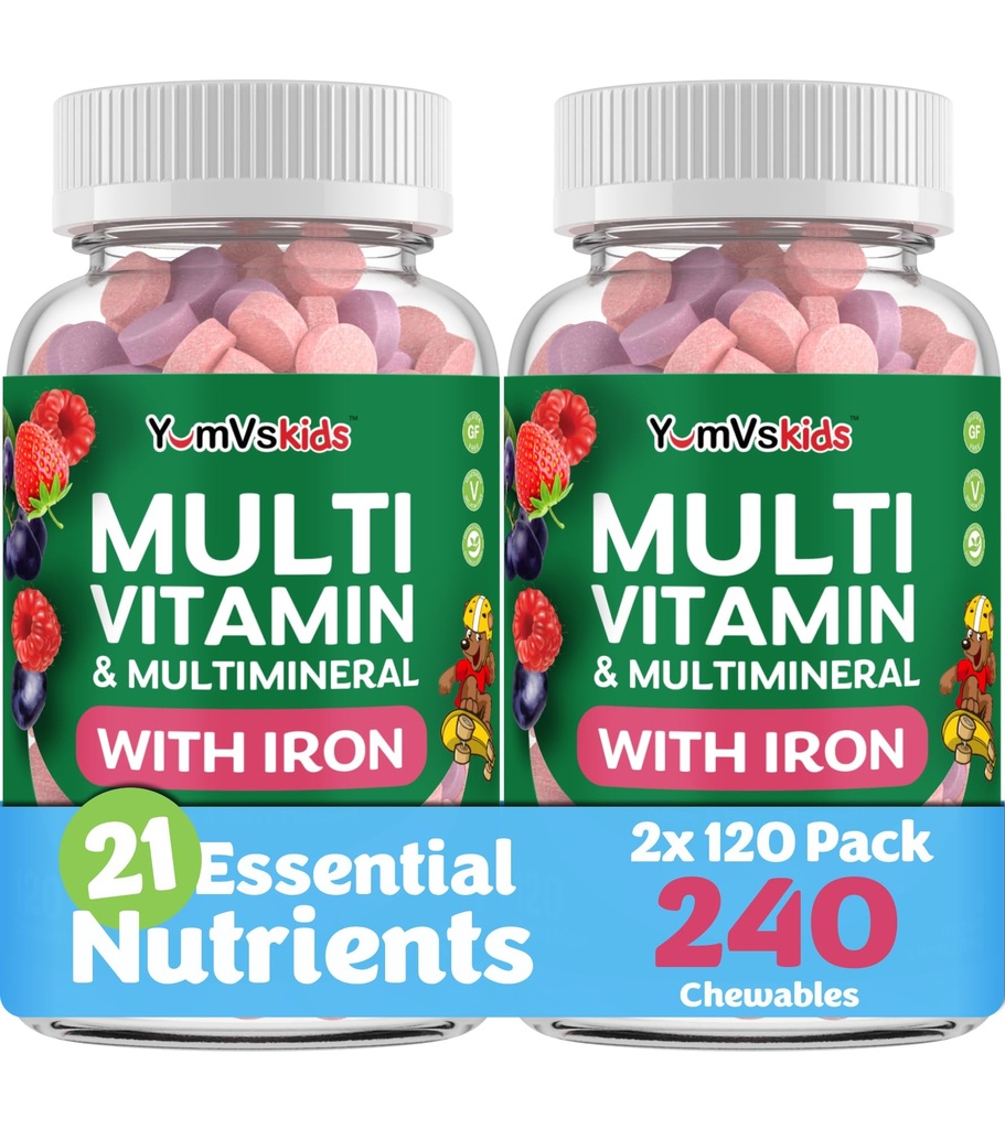 YUM-V'S Kids Multivitamin with Iron - Kids Chewable Multivitamin - Βιταμίνες + Συμπλήρωμα σιδήρου - Βιταμίνες Toddler για 2 χρονών+, Kosher, Hanal, Χωρίς γλουτένη 120 (πακέτο των 2