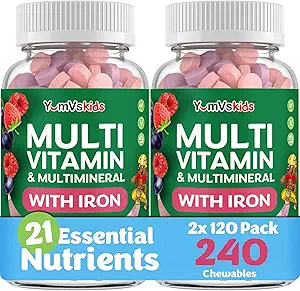 YUM-V'S Kids Multivitamin with Iron - Kids Chewable Multivitamin - Βιταμίνες + Συμπλήρωμα σιδήρου - Βιταμίνες Toddler για 2 χρονών+, Kosher, Hanal, Χωρίς γλουτένη 120 (πακέτο των 2