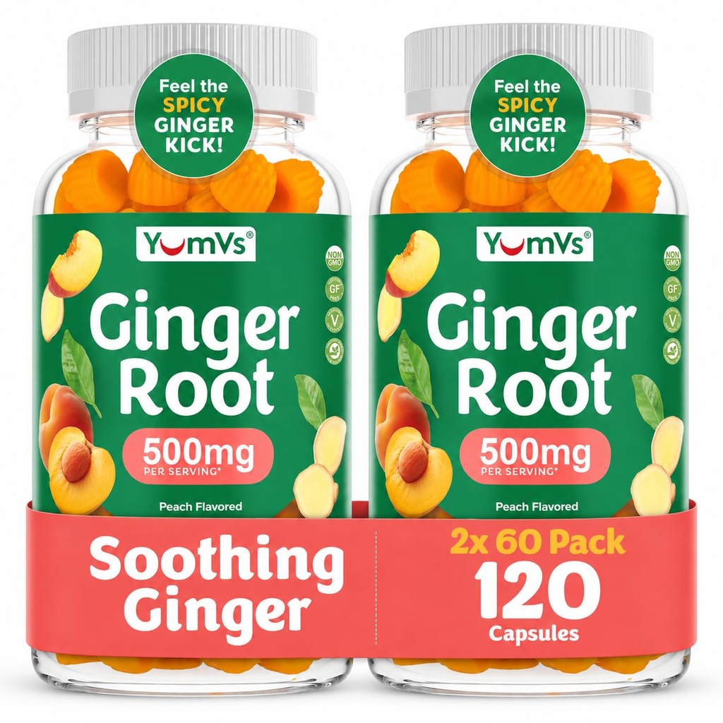 YUM-V'S Ginger Gummies, 500 mg Ginger Root Extract, Peach Flavor, Nausea Management, Digestion & Immune Support, Vegan, Non-GMO, Gelatin-Free, 2 Pack
