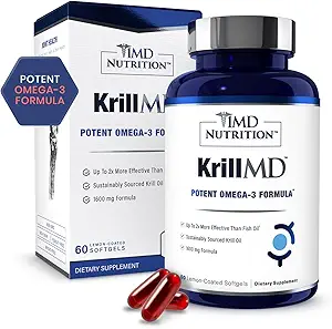 1MD Nutrition KrillMD - Antarctic Krill Oil Omega 3 Supplement with Astaxanthin, EPA, DHA | 2X More Effective Than Fish Oil | 60 Softgels