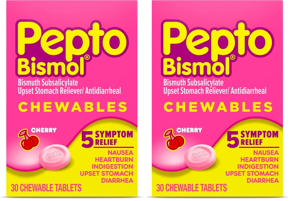 Pepto Bismol Cherry Chewable Tablets, Upset Stomach Relief, Nausea Relief, Heartburn Relief, Indigestion Relief, Anti Diarrhea Medication for Adults - 5 Symptom Relief, 30 ct (Pack of 2)