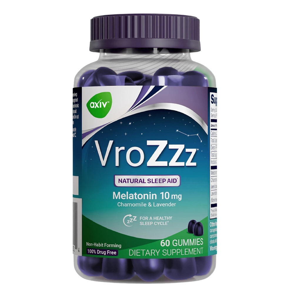 AXIV VroZzz Melatonin Sleep Aid Gummies, 10 mg Melatonin, with Chamomile, Lavender & Valerian Root, Supports Occasional Sleep, 60 Gummies