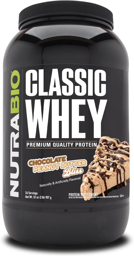 NutraBio Classic Whey Protein Powder- Full-Spectrum Amino Acid Profile - Χωρίς πληρωτικά, τεχνητά χρώματα, συντηρητικά - Χαμηλός γλυκαιμικός δείκτης - (Σοκολικό φυστικοβούτυρο, 2 Λίρες)