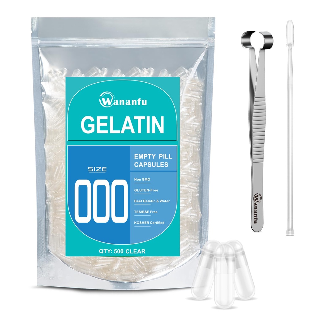 wananfu Size 000 Empty Capsules Gelatin (500 Count) Bundle with Capsule Tweezer and Micro Lab Spoon, Clear Fillable Gel Pill Capsules Size 000 for Making Your Own Supplements