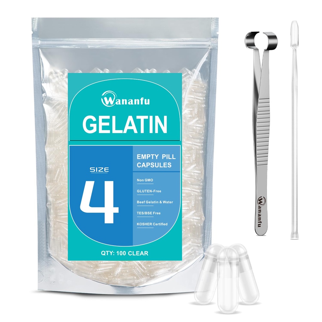 wananfu Size 4 Empty Capsules Gelatin (100 Count) Bundle with Capsule Tweezer and Micro Lab Spoon, Clear Fillable Gel Pill Capsules Size 4 for Making Your Own Supplements