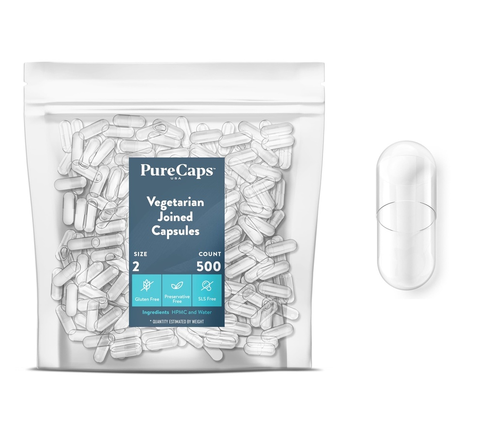 PureCaps USA - Empty Vegetarian Pill Capsules Size 2 | 500 Joined Pills| Clear| Non-GMO Certified | SLS, Gluten, Preservative Free