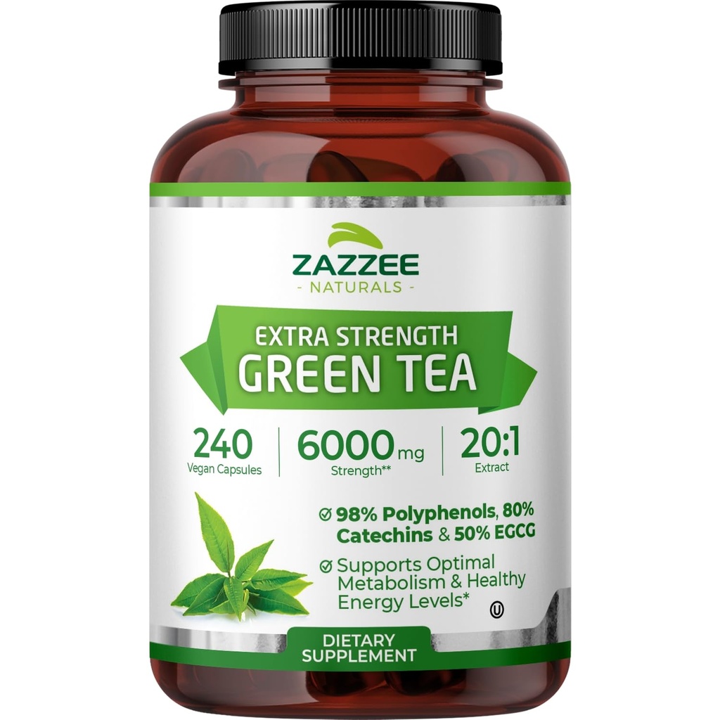 Zazzee Extra Strength Green Tea 20:1 Extract, 50% EGCG, 240 Vegan Capsules | 98% Polyphenols, 80% Catechins, 8 Month Supply, Certified Kosher, Antioxidant & Metabolism Support, Non-GMO, Made in the USA