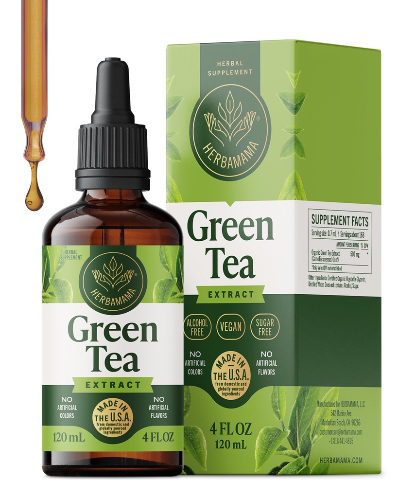 HERBAMAMA Green Tea Extract - Antioxidant & Energy Support | Green Tea Supplement • Non-GMO • Alcohol & Sugar-Free • Vegan • Liquid Formula • 84-Day Supply • 4 fl oz