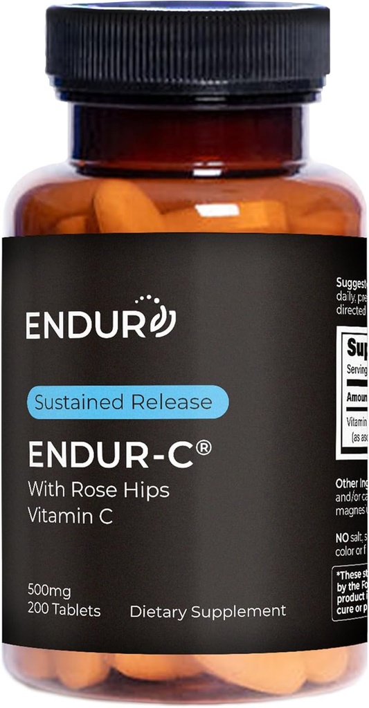 Endur ENDUR-C Vitamin C with Rose HIPS, Supports Collagen Production, Antioxidant Protection & Gentle Digestion, Gluten Free, 500mg (200 Tablets)