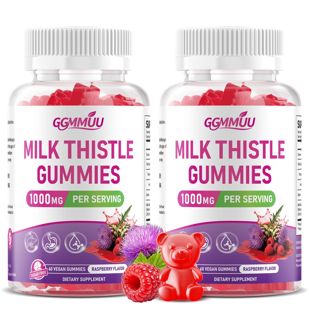Sugar Free Milk Thistle Gummies 1000mg - Liver Support, 120 Count | 10:1 High Potency Milk Thistle Extract, Supports Daily Fat Digestion & Liver Care, Vegan Pectin Chewable, Raspberry Flavor