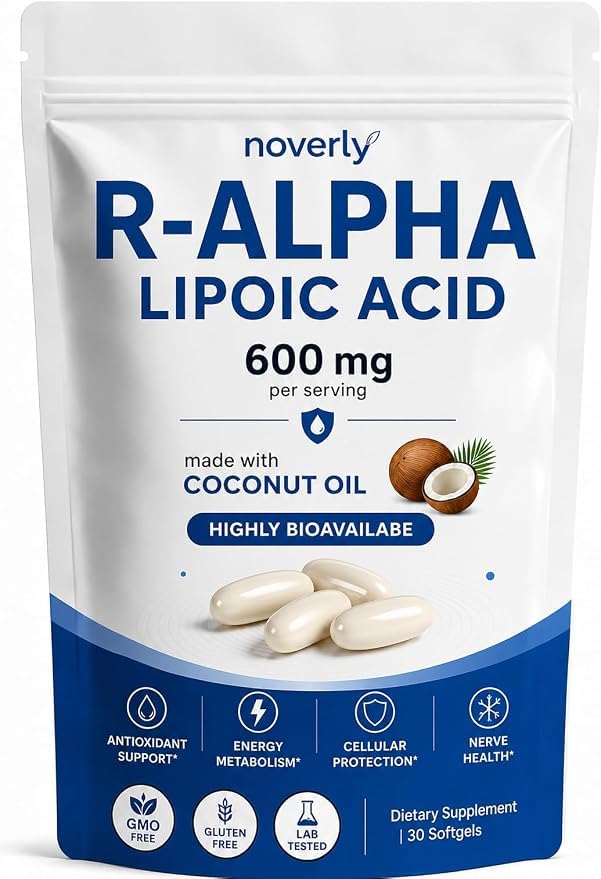 NYLA Noverly R-Alpha Lipoic Acid 600 mg Softgels with Coconut Oil, Daily Antioxidant and Energy Metabolism Support, Gluten-Free, 30 Count
