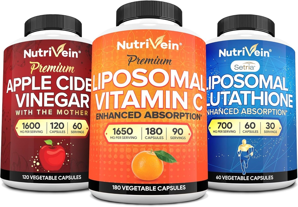 Nutrivein Premium Liposomal Glutathione, Apple Cider Vinegar Capsules, & Vitamin C Supplement Bundle: Vitamin C, ACV Capsules, & Glutathione Supplement Bundle for Cellular Defense & Detox