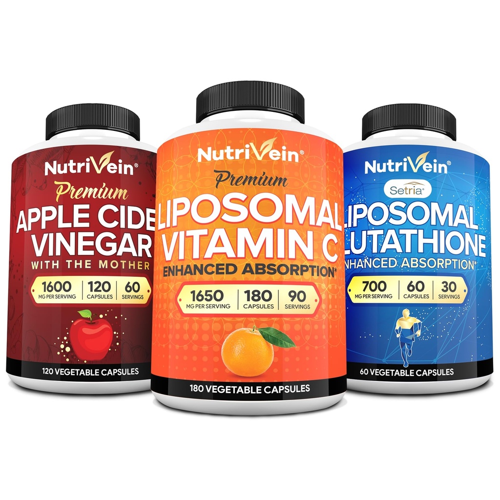 Nutrivein Premium Liposomal Glutathionone, κάψουλες μηλίτη μηλίτη, & συμπλήρωμα βιταμίνης C Δέσμη: Βιταμίνη C, κάψουλες ACV, & Glutathione Συμπλήρωμα Bundle για Κυτταρική Άμυνα & Detox