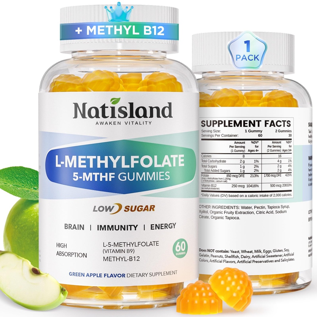 Methylfolate Gummies, L-Methylfolate & Methyl B12, Active Folate Supplement | For Kids & Adults, Bioactive Vitamin B9 & Vitamin B12 Supplement, Gluten Free, Non-GMO, 60CT