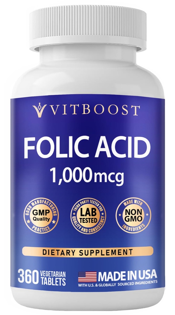 VITBOOST Folic Acid 1000 mcg (1667 mcg DFE) - Vitamin B9 Supplement, 360 CT | Non-GMO Tablets for Women and Men - Third Party Tested, High Potency | Made in USA