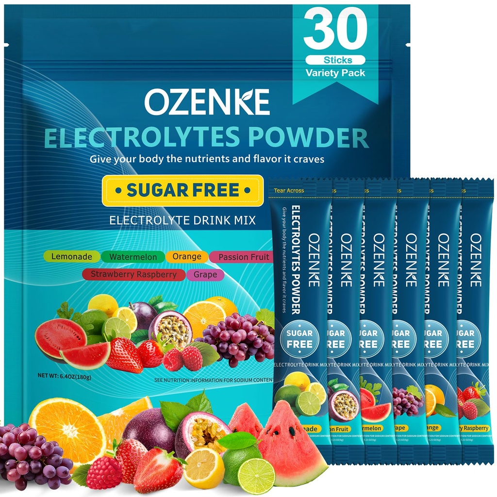 Electrolytes Powder Packets, 30 Sticks Hydration Packets Sugar Free, Electrolyte Drink Mix Travel Electrolyte Packets for Rapid Hydration, 6 Flavors