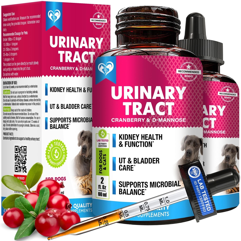 Cat & Dog Urinary Tract Infection Treatment & Natural UTI Medicine Cranberry & D-Mannose -Kidney+Bladder Support - Best Incontinence, Bladder Stones - Pet Renal Health & Care Drops
