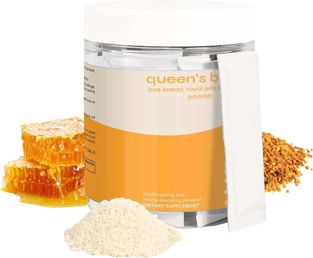 Queen's Boost - Μέλισσα χωρίς ζάχαρη Ψωμί, βασιλικό ζελέ & σκόνη πρόπολης με βιταμίνη C - Μη ΓΤΟ, Ανοσοποιητική και Ενεργειακή Υποστήριξη - 30 Ατομικές φακίδες ανά συσκευασία, 30-Ημέρες προσφοράς