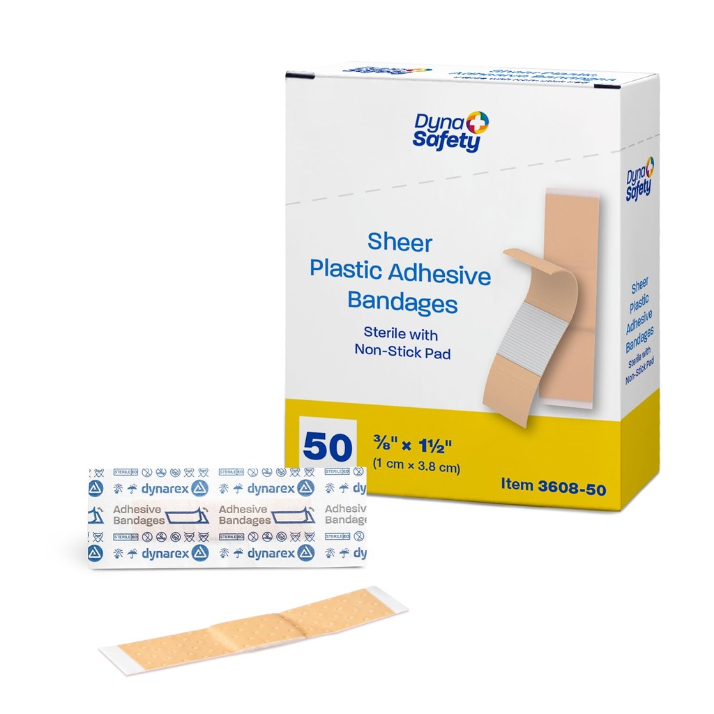 Dynarex Sheer Plastic Adhesive Bandages Water-Resistant and Sterile Non-Stick Pad First Aid Covers Minor Cuts Scratches - 3/8" x 1 1/2" Junior, 1 Box of 50