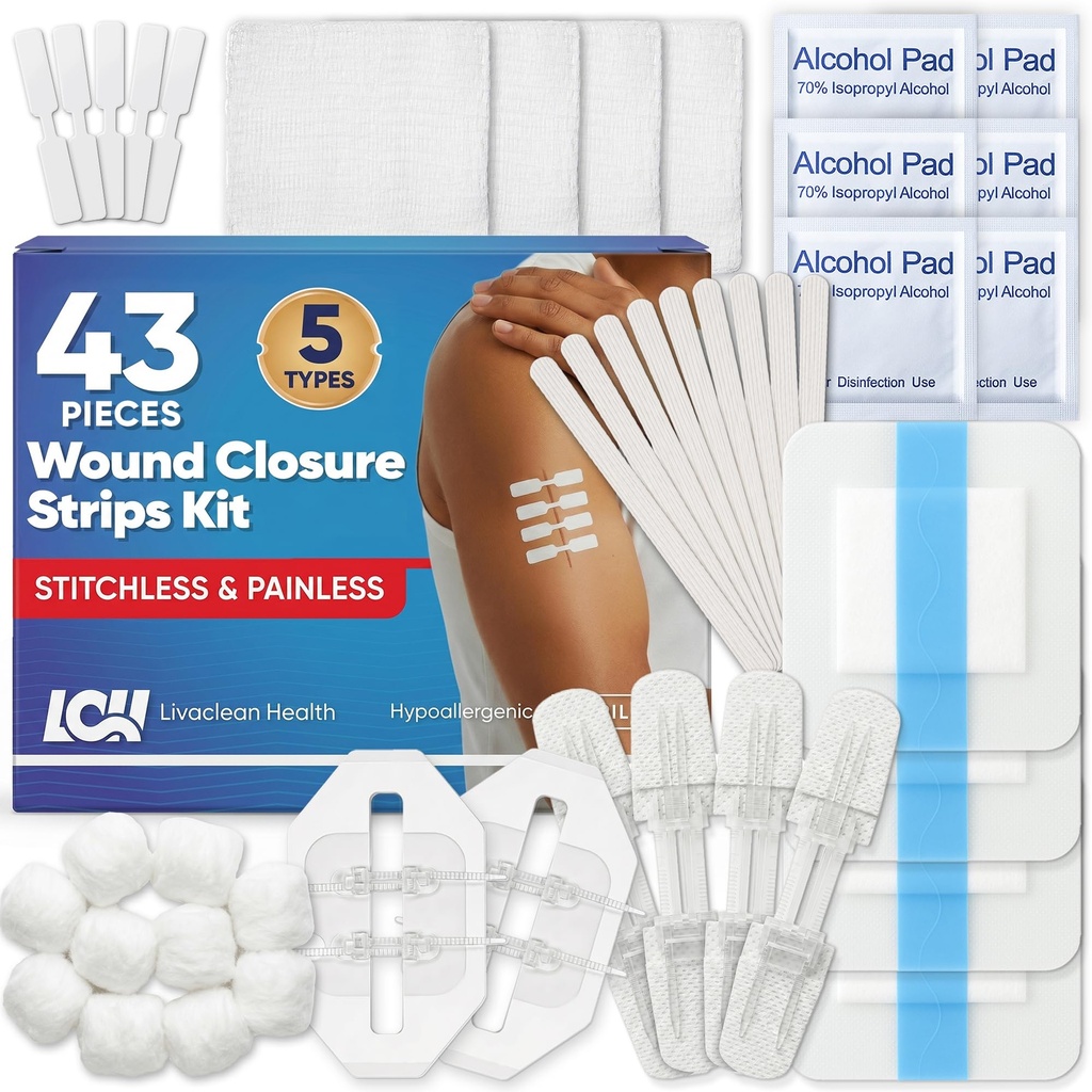 43 Pcs Wound Closure Strips Kit - Butterfly Bandages, 4 Types - Zip Suture Bandages, Gauze Pads, PU Dressings, Alcohol & Cotton Swabs - Emergency Wound Closure Kit for Cuts, Lacerations & Abrasions