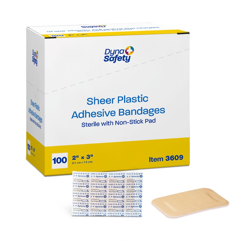 Dynarex Sheer Plastic Adhesive Bandages Water-Resistant and Sterile Non-Stick Pad First Aid Covers Minor Cuts Scratches - 2" x 3", 1 Box of 100