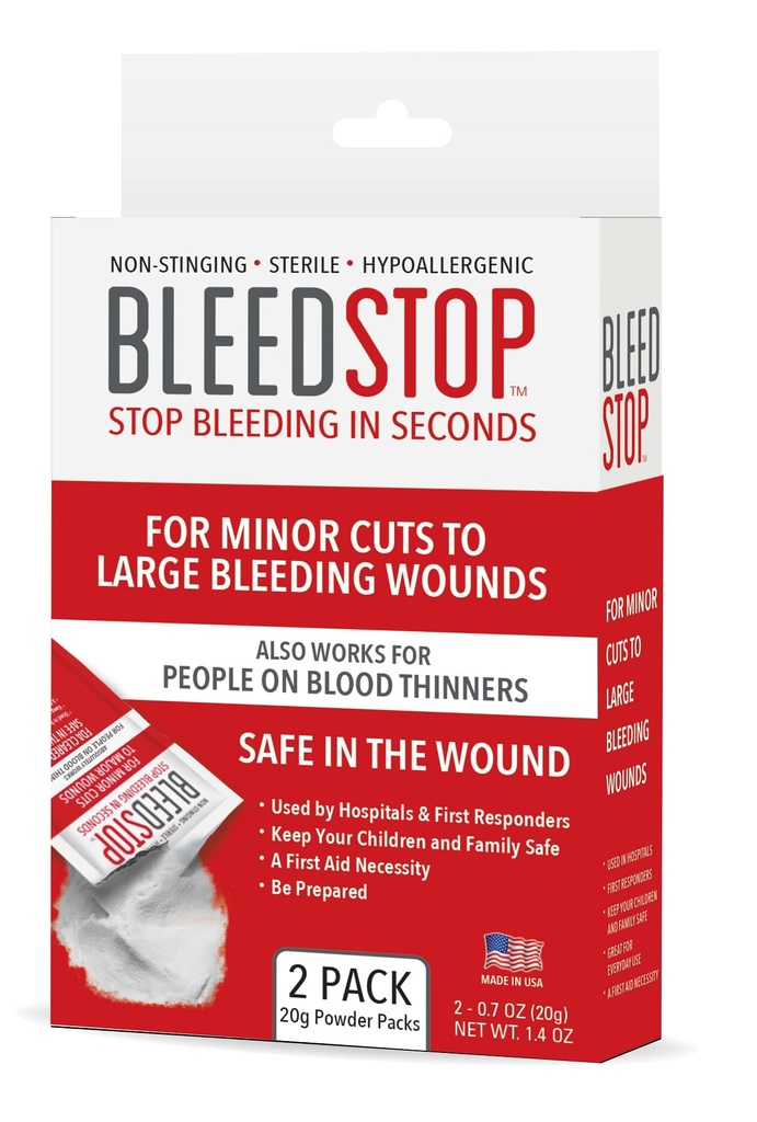 BleedStop™ First Aid Powder for Blood Clotting, Trauma Kit, Blood Thinner Patients, Camping Safety, and Survival Equipment for Moderate to Severe Bleeding Wounds or Nosebleeds - 2 (20g) Pouches