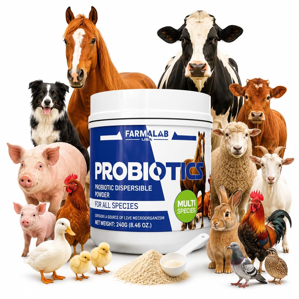 Probiotics Dispersable Powder Pet Probiotic All Species, Probiotics for Pigs, Horses, Sheep, Goat, Dog, Cat, Bird, Rabbit, Chickens(240 gm) Farmalab