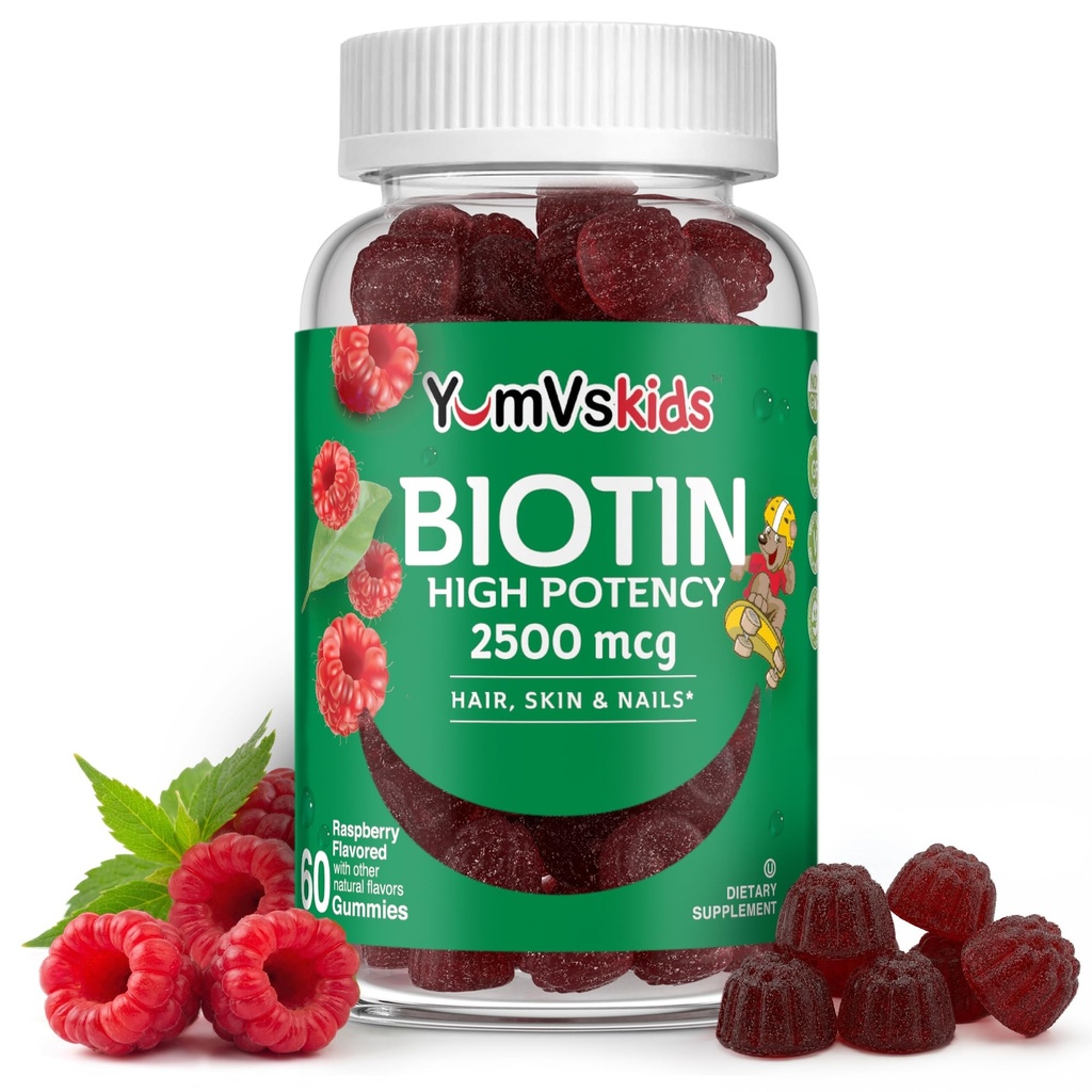 YUM-V'S Kids Biotin Gummies 2,500mcg – Hair Skin and Nails Vitamins for Age 4 Years and Up – Non-GMO, Vegetarian Hair Vitamins Supplement – Delicious Berry Flavor, 60 Gummies, 30-Day Supply