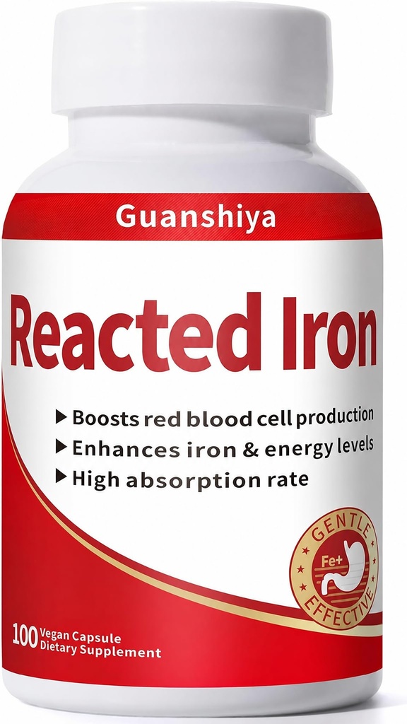 Reacted Iron - Iron 30mg (Ferrous Bisglycinate 325mg) for Red Blood Cell & Energy Support - Supports Anemia, Fatigue - Non-Constipating - 100 Capsules