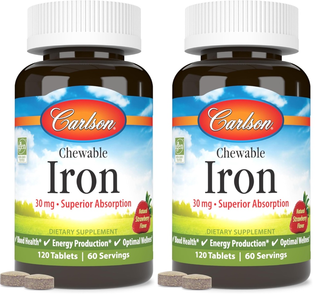 Carlson - Chewable Iron, 30 mg, Superior Absorption, Blood Health, Energy Production & Optimal Wellness, Chewable Iron Supplement for Women & Men, Natural Strawberry Flavor, 120 Tablets (Pack of 2)