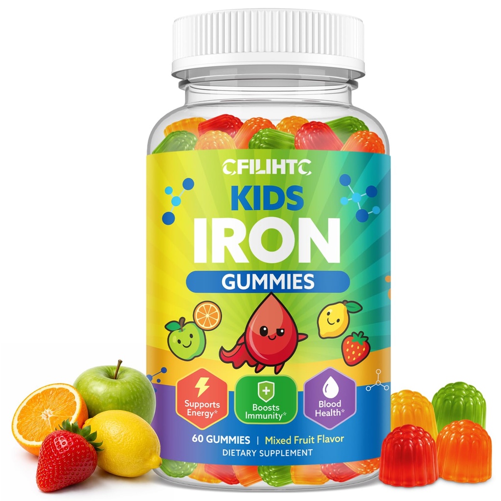 Iron Gummies for Kids & Teens, Kids Multivitamin with Iron Supplement, Calcium, Folate, Zinc, Prebiotic - for Blood Builder & Energy Support, Iron Deficiency - Vegan & Non-GMO - Mixed Fruits Flavor