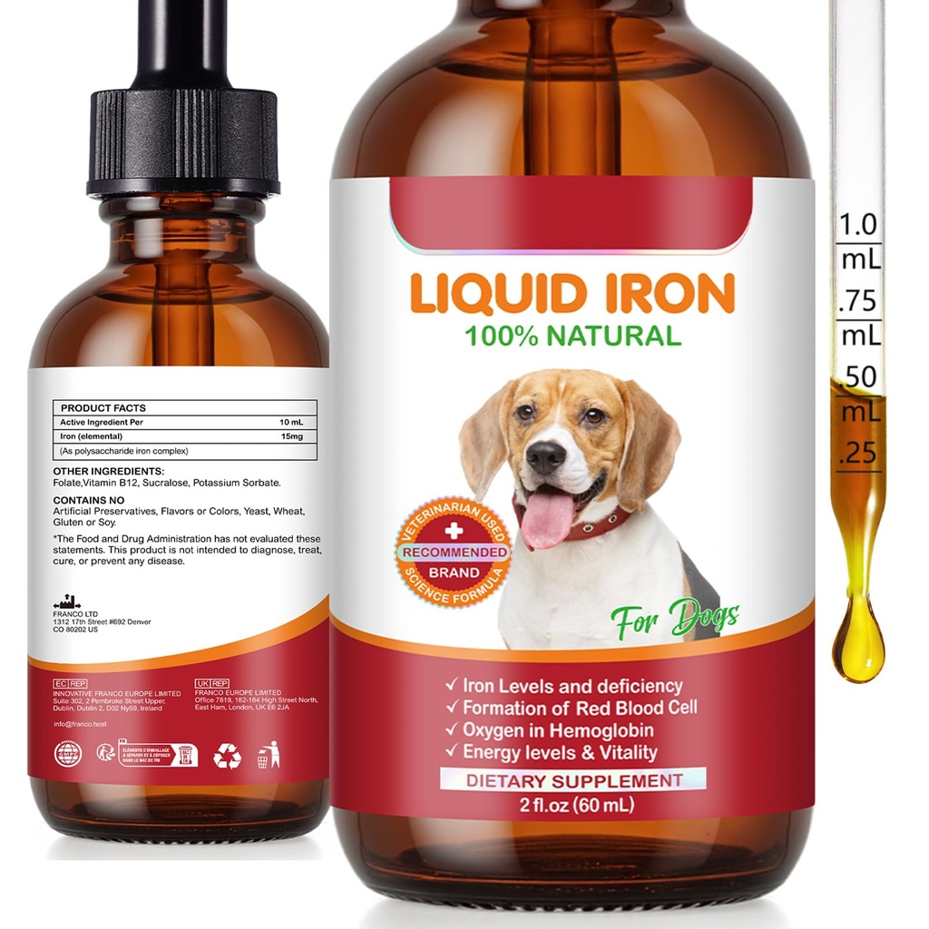 Iron for Dogs, Liquid Drop for Dogs Supports Blood Health, Irons Supplement for Dog Iron Deficiency Lethargy Relief, Anemia, Energy Levels & Vitality, Caramel Flavor - 60ml
