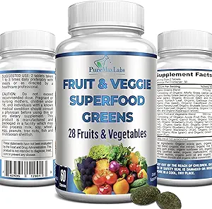 Fruit and Veggie Superfood Greens - 28 Fruits and Vegetables incl. Alfalfa, Barley Grass, Spirulina, Beet Root, Tart Cherry, Concentrated Natural Antioxidants- 60 Tablets