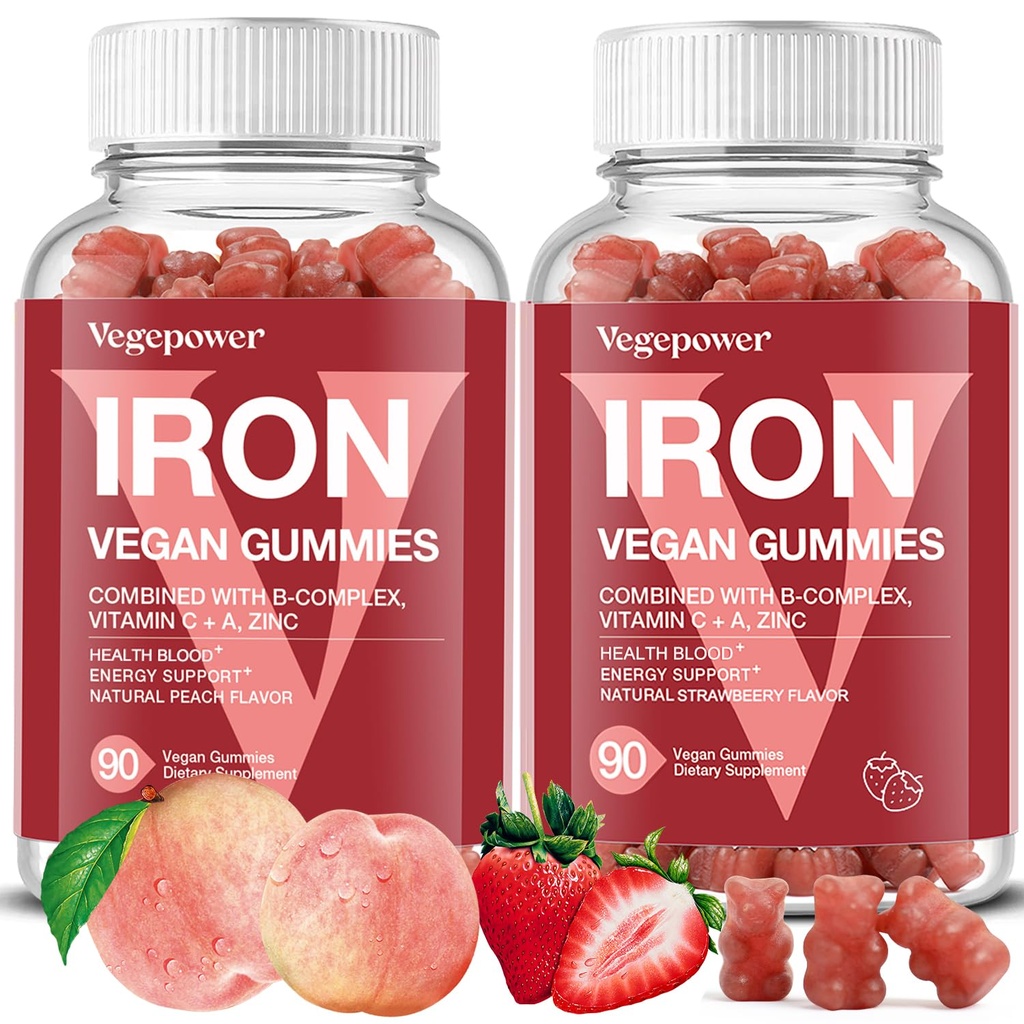 Vegan Iron Gummies Supplements for Women & Kids - Peach & Strawberry - Great Tasting Iron Gummy Vitamins with Vitamin C for Max Absorption - Natural, Non-GMO, No Artificial Additives