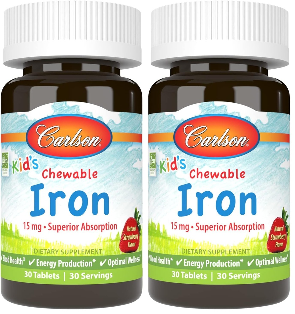Carlson - Kid's Chewable Iron, 15 mg, Superior Absorption, Blood Health, Energy Production & Optimal Wellness, Natural Strawberry Flavor, 30 Tablets (Pack of 2)