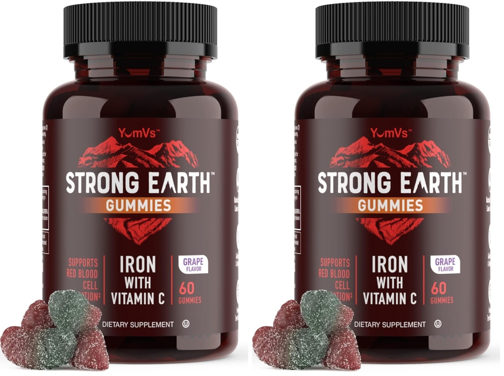 YUM-V'S Strong Earth Iron with Vitamin C Gummies (60 Count) - Iron Supplements with Vitamin C Gummy - Blood Builder Anemia FE Iron Gummies, Iron Supplement for Women and Men (Pack of 2)