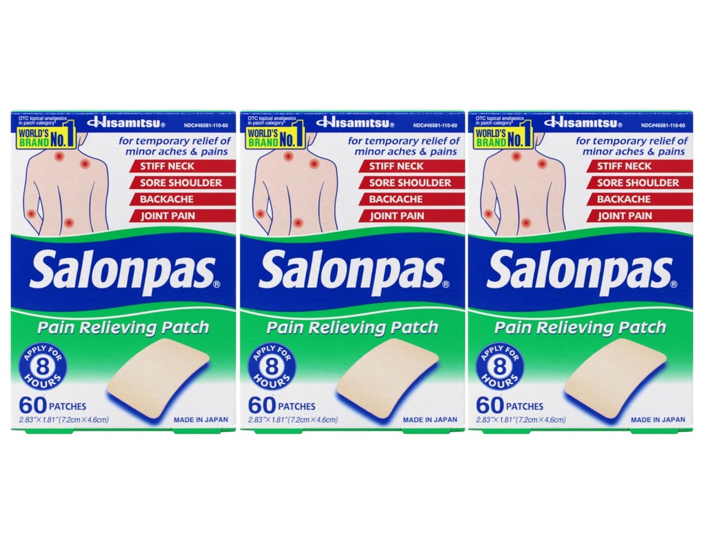 Salonpas Pain Relieving Patches 2.83" x 1.81" 60 Count, Pack 3