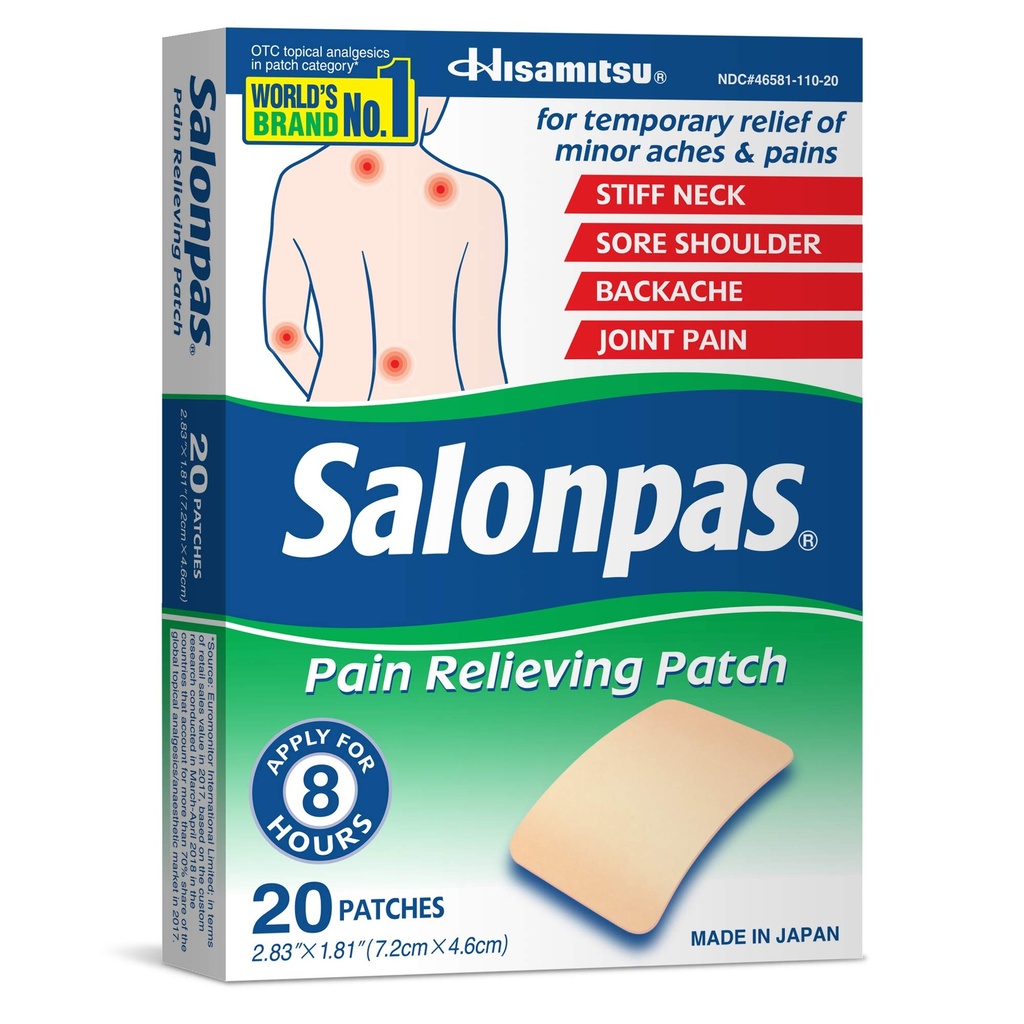 Salonpas Pain Relieving Patch, 20 Count (Pack of 1) | Apply For Up to 8 Hours, For Temporary Relief of Minor Aches & Pains, Stiff Neck, Sore Shoulder, Backache, Joint Pain