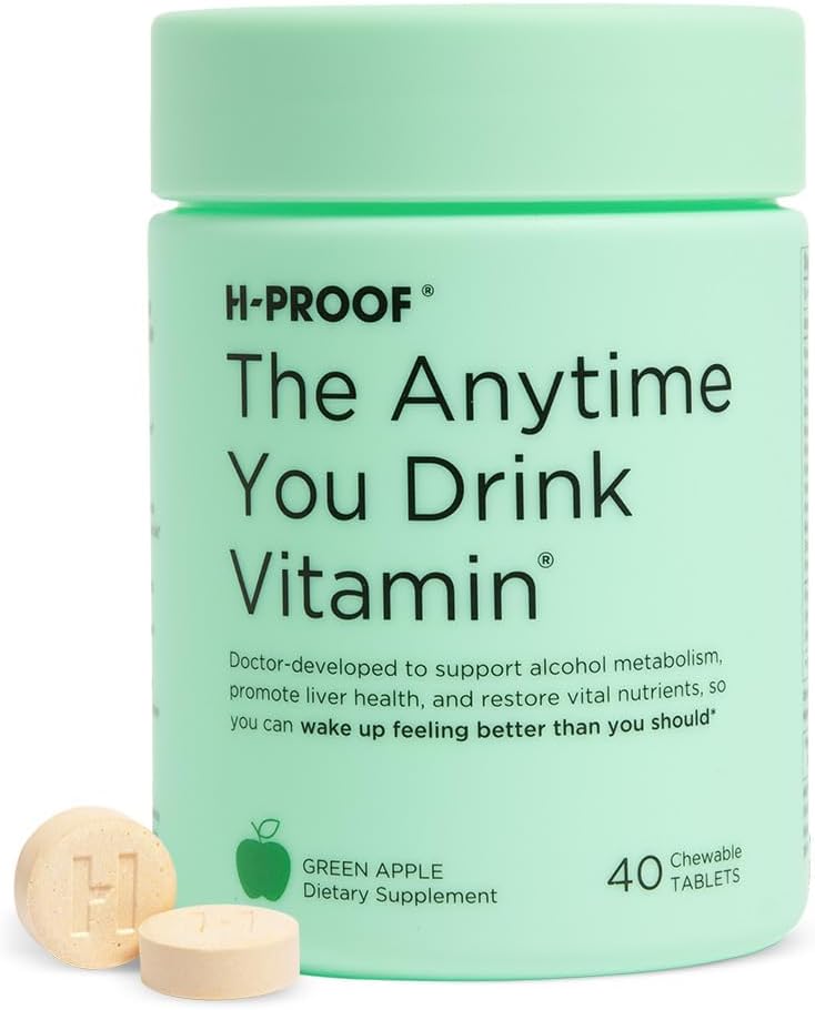 H-PROOF The Anytime You Drink Vitamin, Liver Health & Immunity Support with Electrolytes, Milk Thistle, and Vitamins B & C - 40 Chewable Tablets (20 Servings), Vegan, Green Apple