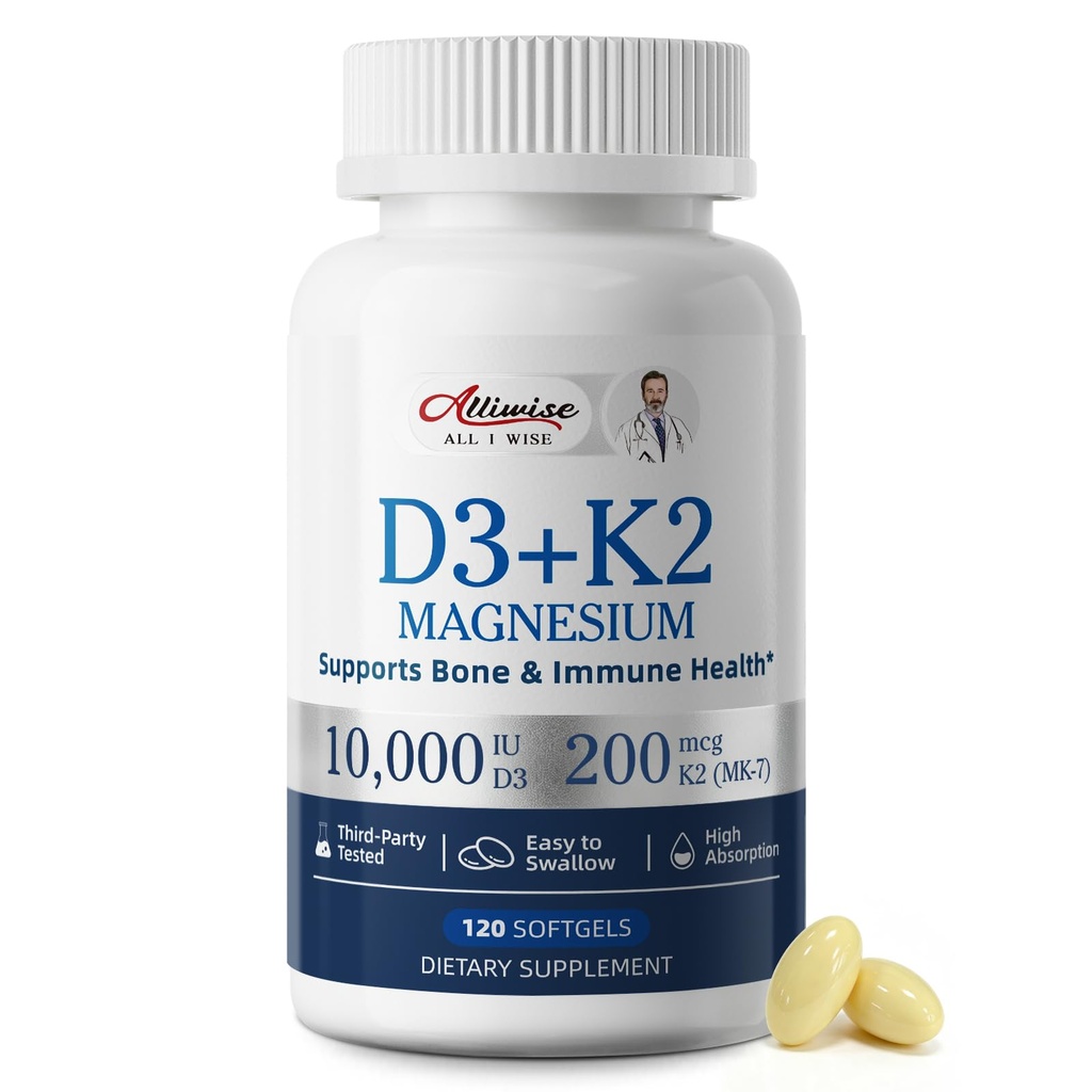Alliwise D3 K2 Vitamin 10000 IU with Magnesium Complex Softgels, 120 Count | Vitamin D3 K2 Magnesium Complex + 200mcg K2 MK-7 High Potency Daily Mineral, Immune & Sleep Health Supports for Women/Men
