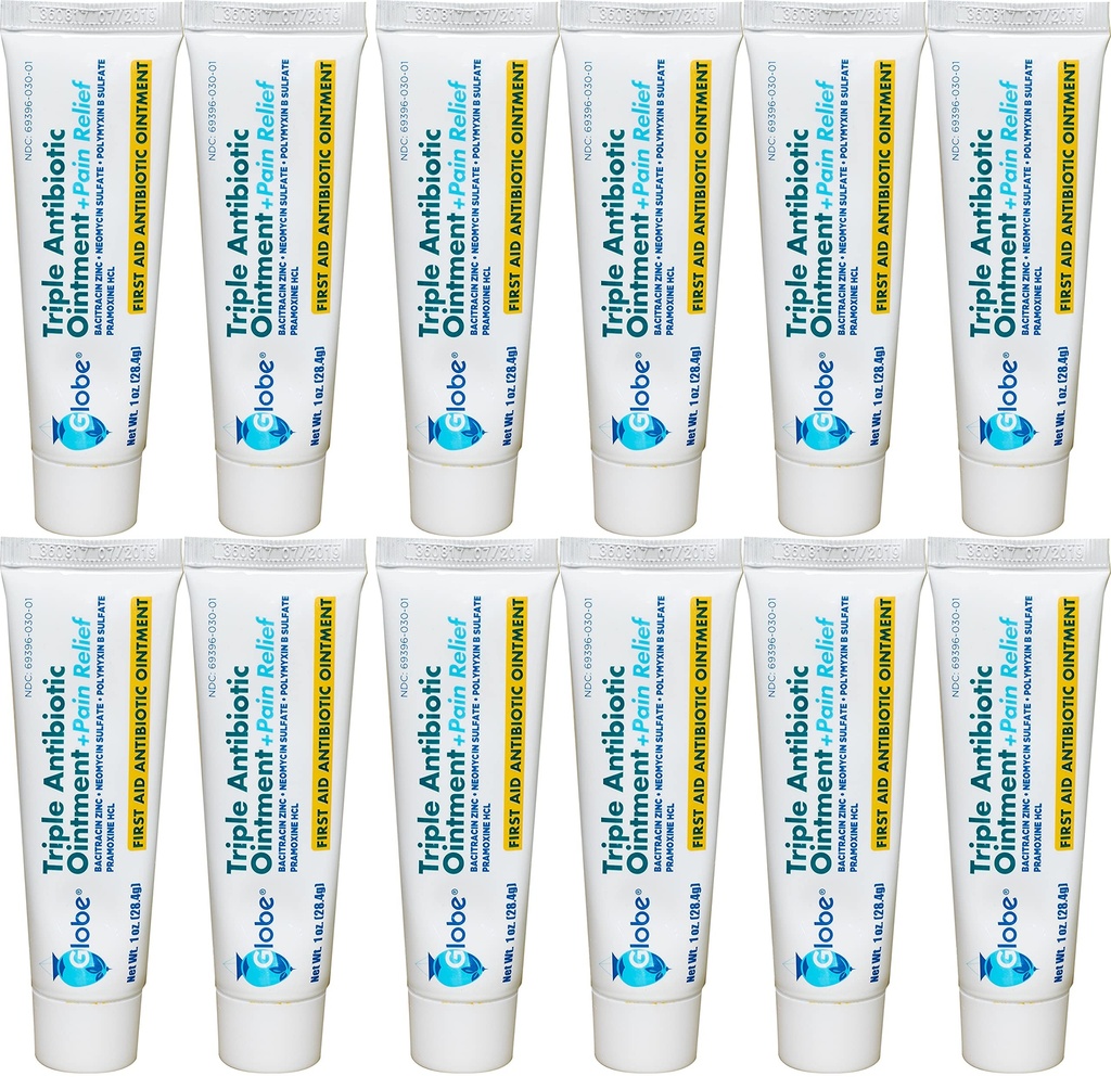 Globe Triple Antibiotic Ointment with Pain Relief, 12 Pack, 1 oz Tubes | 24 Hour Pain and Infection Protection (12- Value Pack) (12 Pack)